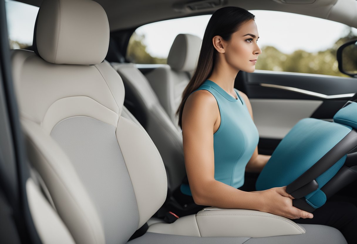 A person sitting in a car with a lumbar support cushion, adjusting the seat for proper posture, and doing gentle stretches while parked
