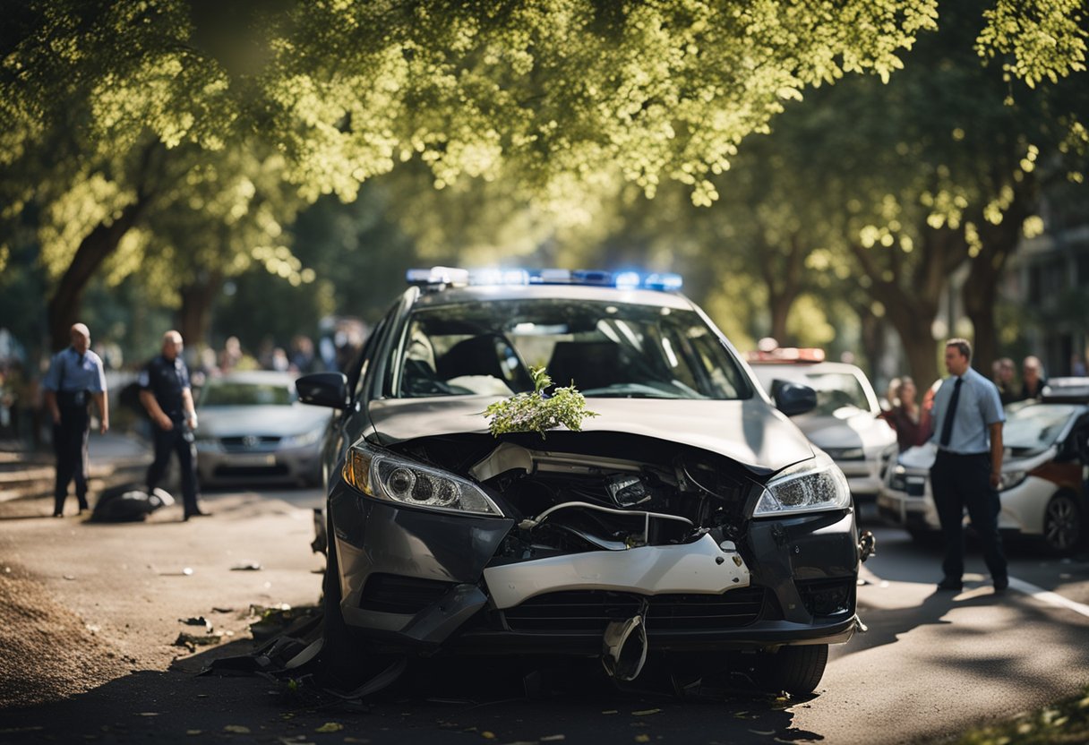 A car crashed into a tree, causing a bent and damaged vehicle. The driver's seat is empty, with the airbags deployed. The scene is surrounded by emergency vehicles and concerned onlookers