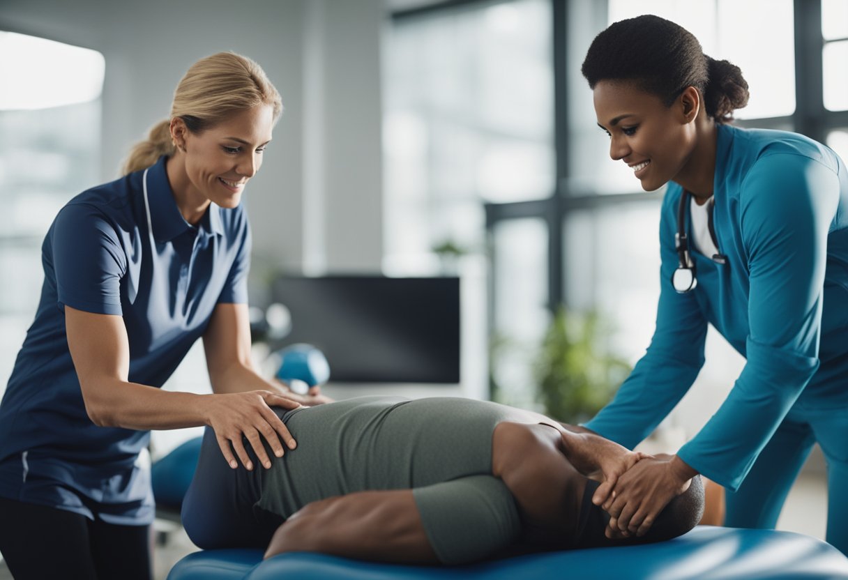 A person receiving physical therapy for back pain from a car accident. Using exercise equipment and receiving hands-on treatment from a therapist