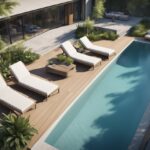A pool cover being removed, revealing clear blue water and a clean, well-maintained pool area with surrounding furniture and lush greenery
