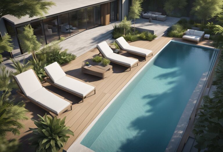 A pool cover being removed, revealing clear blue water and a clean, well-maintained pool area with surrounding furniture and lush greenery