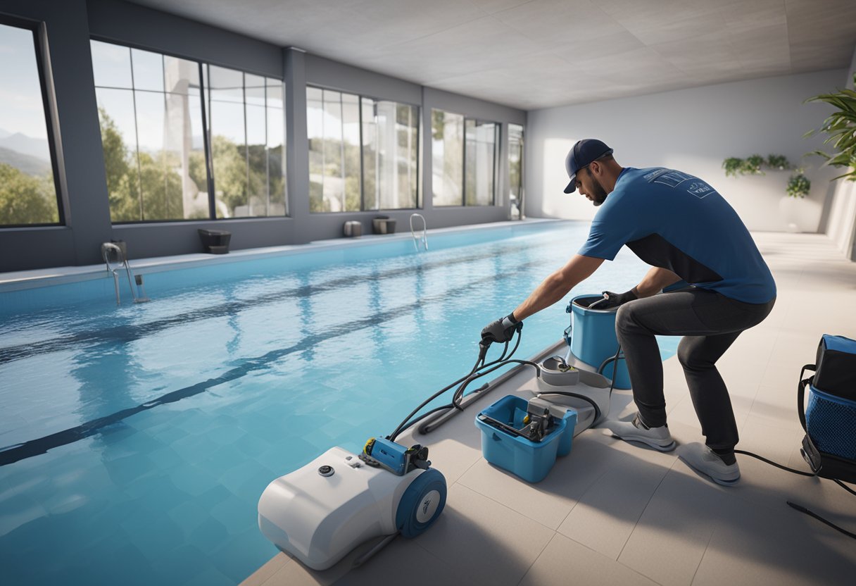 A pool technician prepares equipment for pool opening service