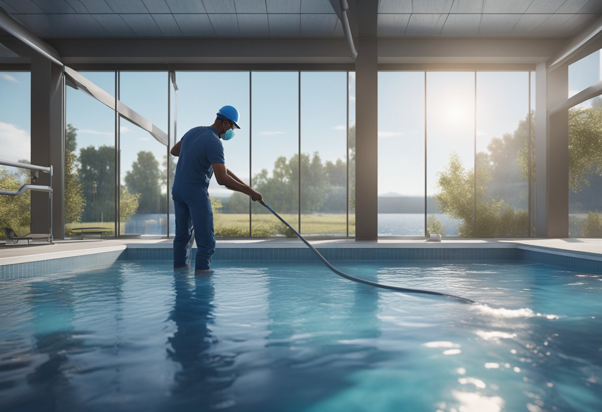 A pool technician opens the cleaning and water treatment pool, removing the cover and adding chemicals for maintenance