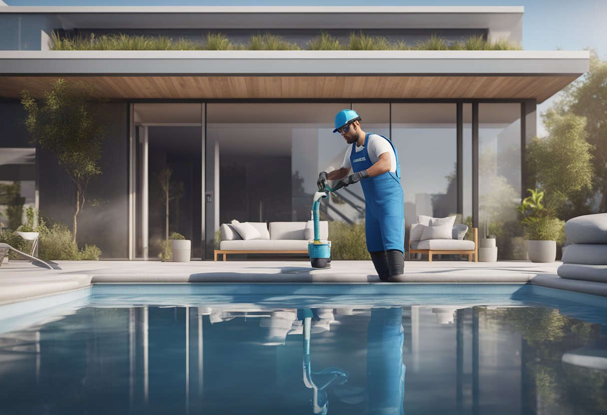 A pool technician adding chemicals and removing the cover, preparing for summer use