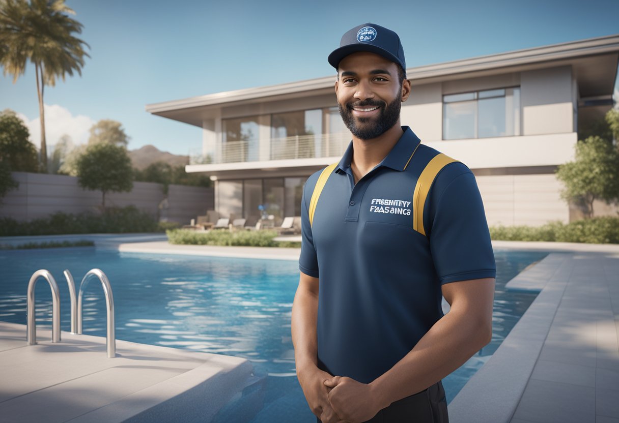 A pool technician wearing a uniform and holding a toolkit stands next to a sparkling clean swimming pool with a "Frequently Asked Questions Pool Opening Service" sign in the background
