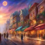 A bustling city street with vibrant storefronts, each displaying signs of increased foot traffic and online visibility. The scene exudes a sense of growth and prosperity for local businesses
