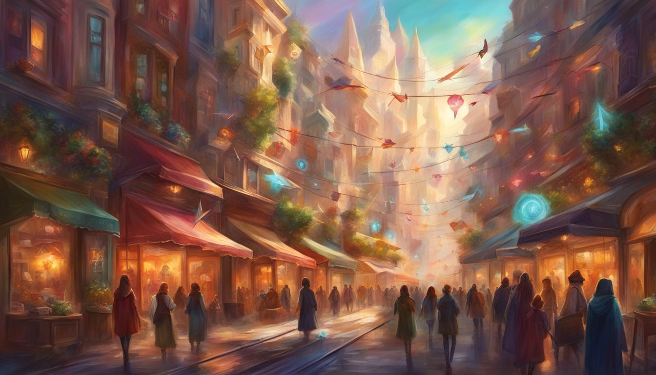 A bustling city street with three arrows pointing towards a vibrant storefront, a busy website, and a growing social media presence