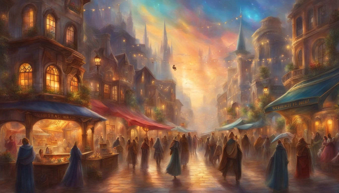 A bustling city street with various local businesses, each with a prominent storefront sign and a steady flow of customers entering and exiting
