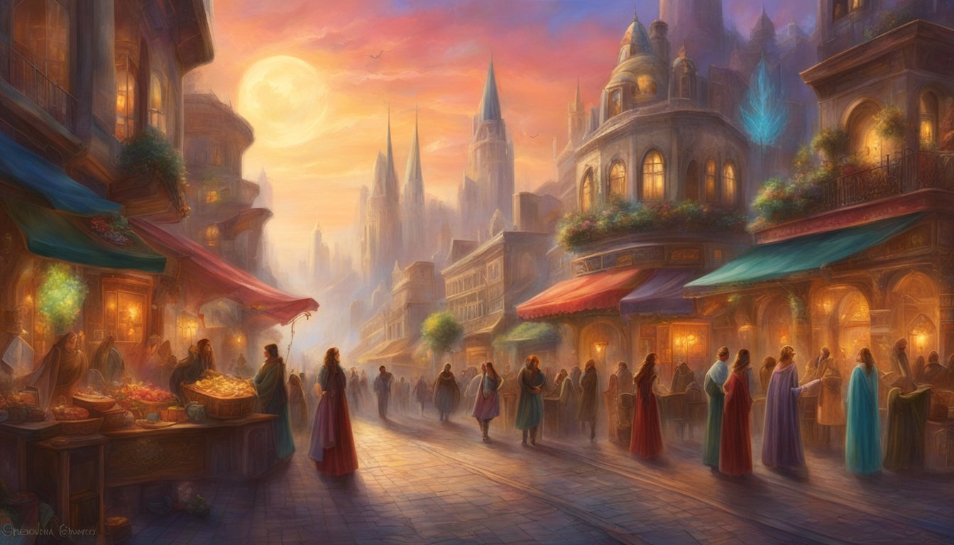 A bustling city street with vibrant storefronts and a prominent search engine result page displaying a local business at the top