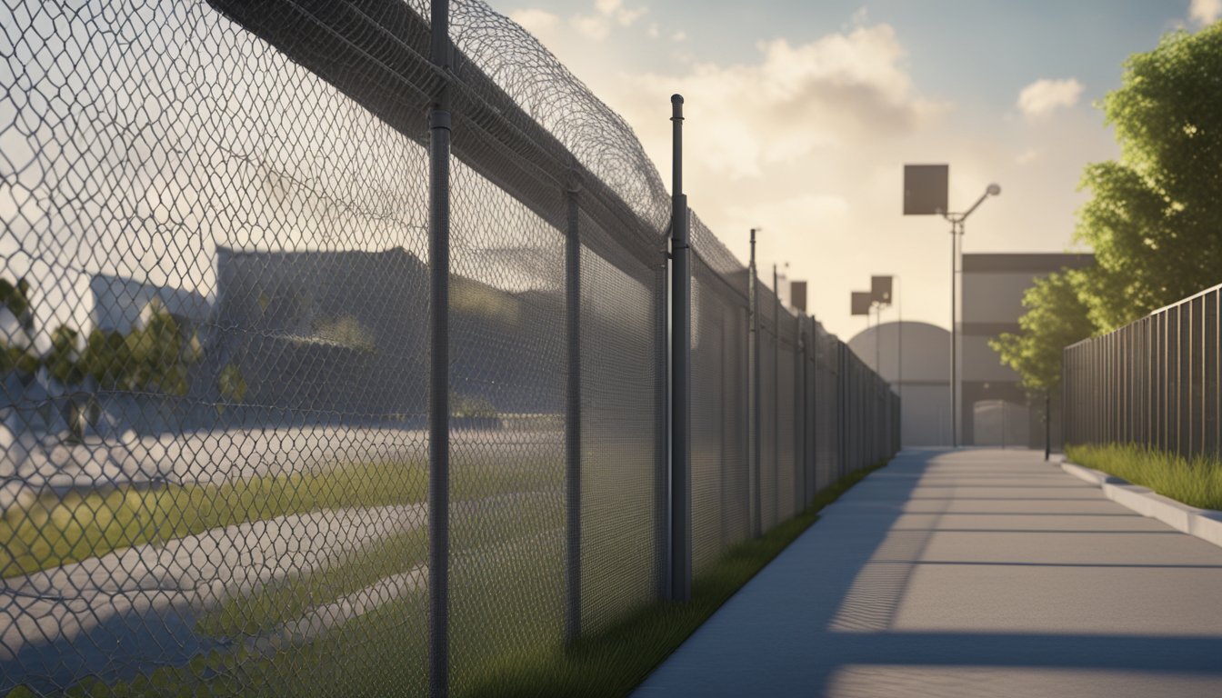 A sturdy chain link fence surrounds a commercial property, with security cameras and motion sensors installed along the perimeter