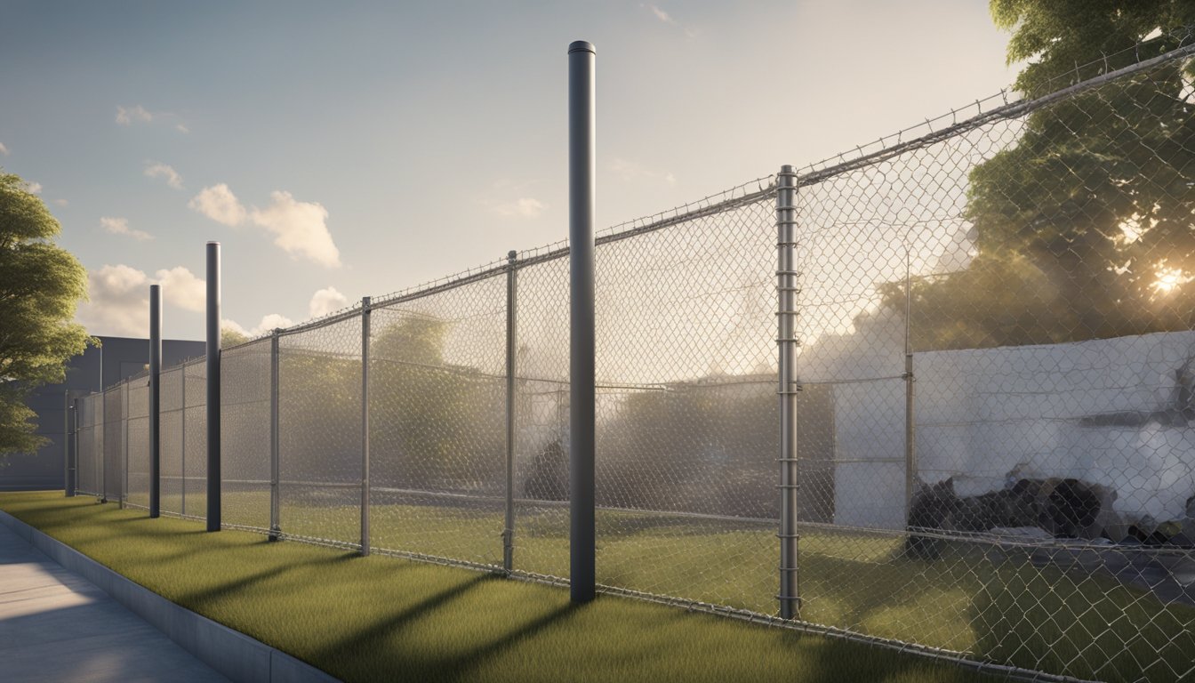 A chain link fence being installed around a commercial property, with workers securing the fence posts and stretching the wire mesh