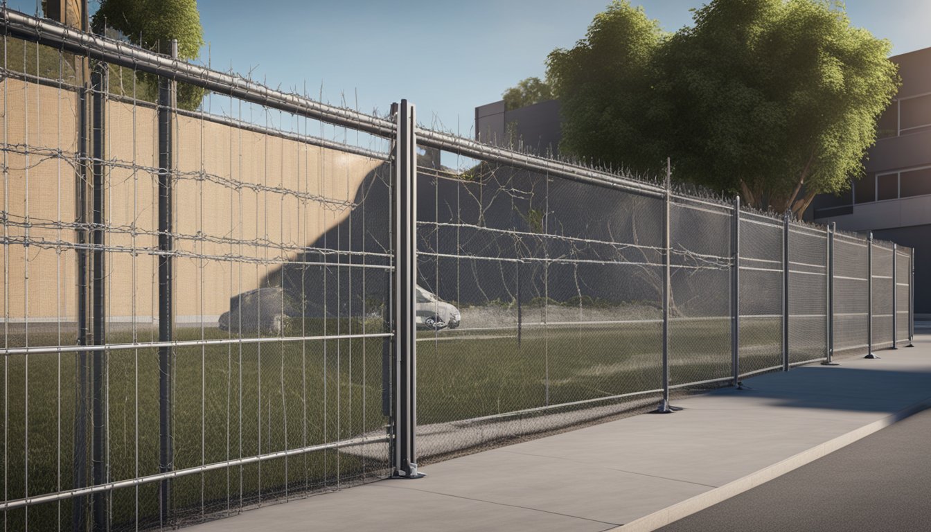 A chain link fence being installed around a commercial property, with workers securing it to sturdy metal posts and adding barbed wire for extra security