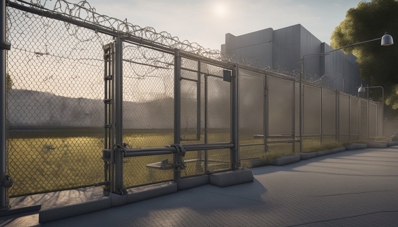 A chain link fence surrounds a business, topped with barbed wire and secured with a heavy padlock. Security cameras and motion sensors are installed along the perimeter
