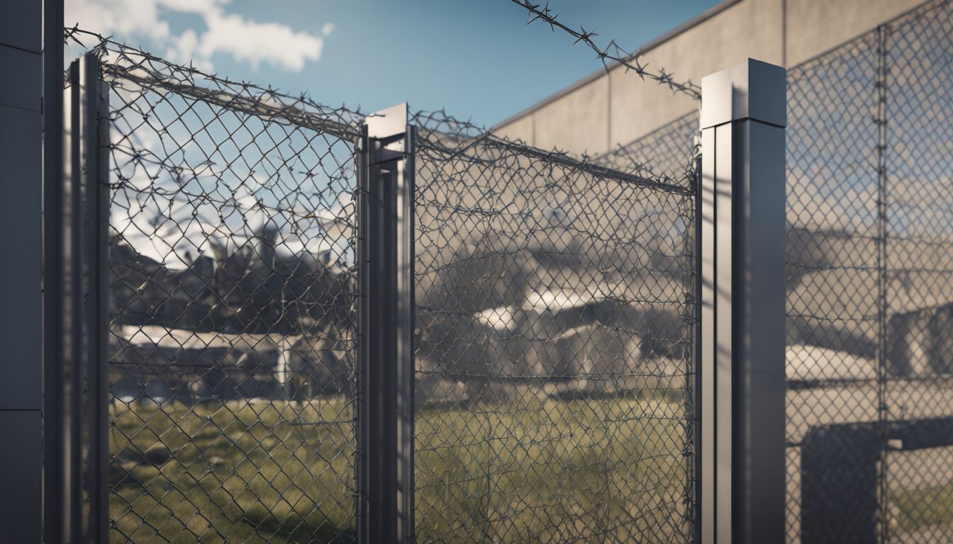 A chain link fence surrounding a business, with barbed wire and security cameras, blending in with the aesthetic of the building