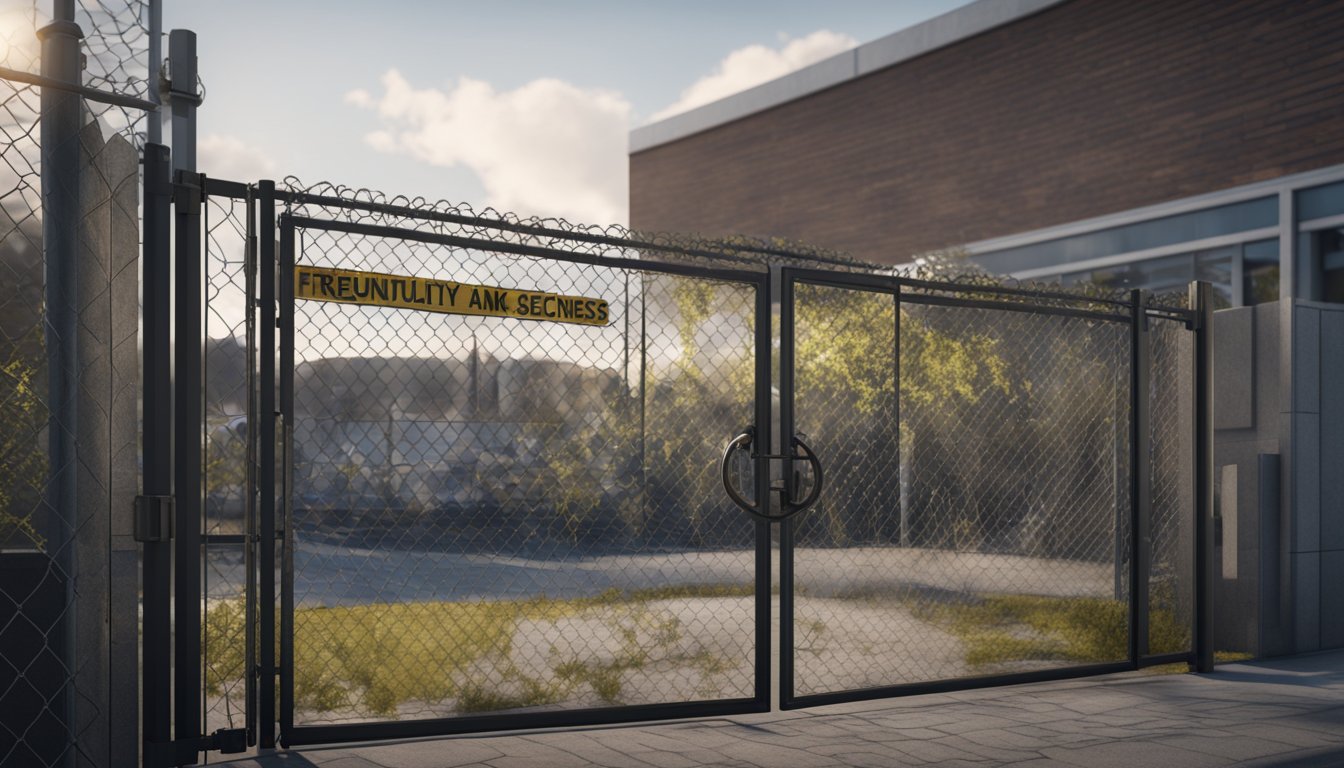 A chain link fence surrounds a business, with a padlock securing the gate. A sign nearby reads "Frequently Asked Questions: Keeping Your Business Secure."