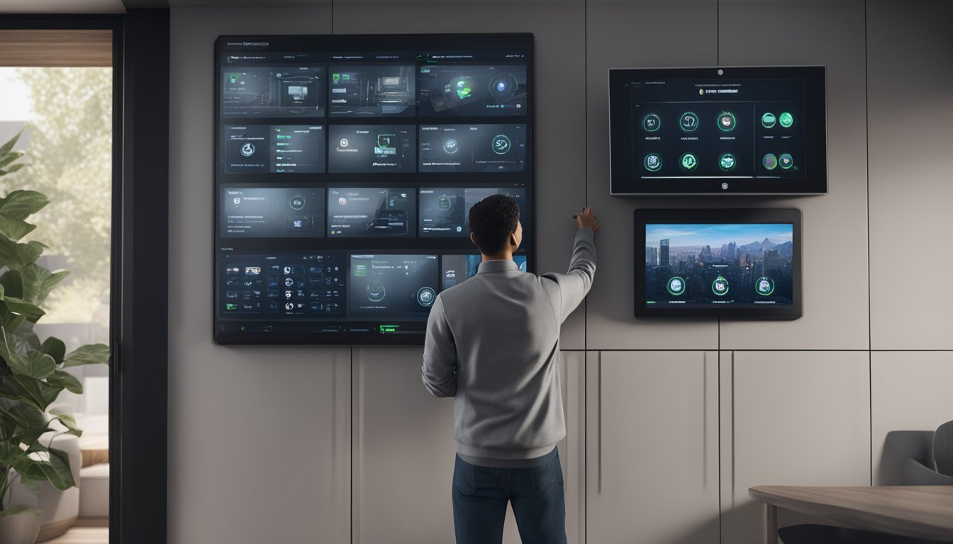 A technician installs a video security system, connecting cameras and adjusting angles around a home or business. The system's control panel is mounted on a wall nearby