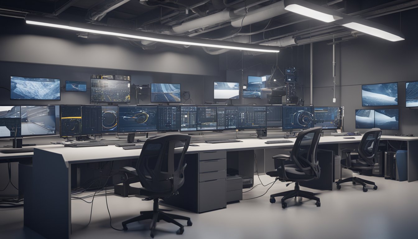 A technician mounts cameras and connects cables for a video security system installation. Tools and equipment are neatly arranged nearby