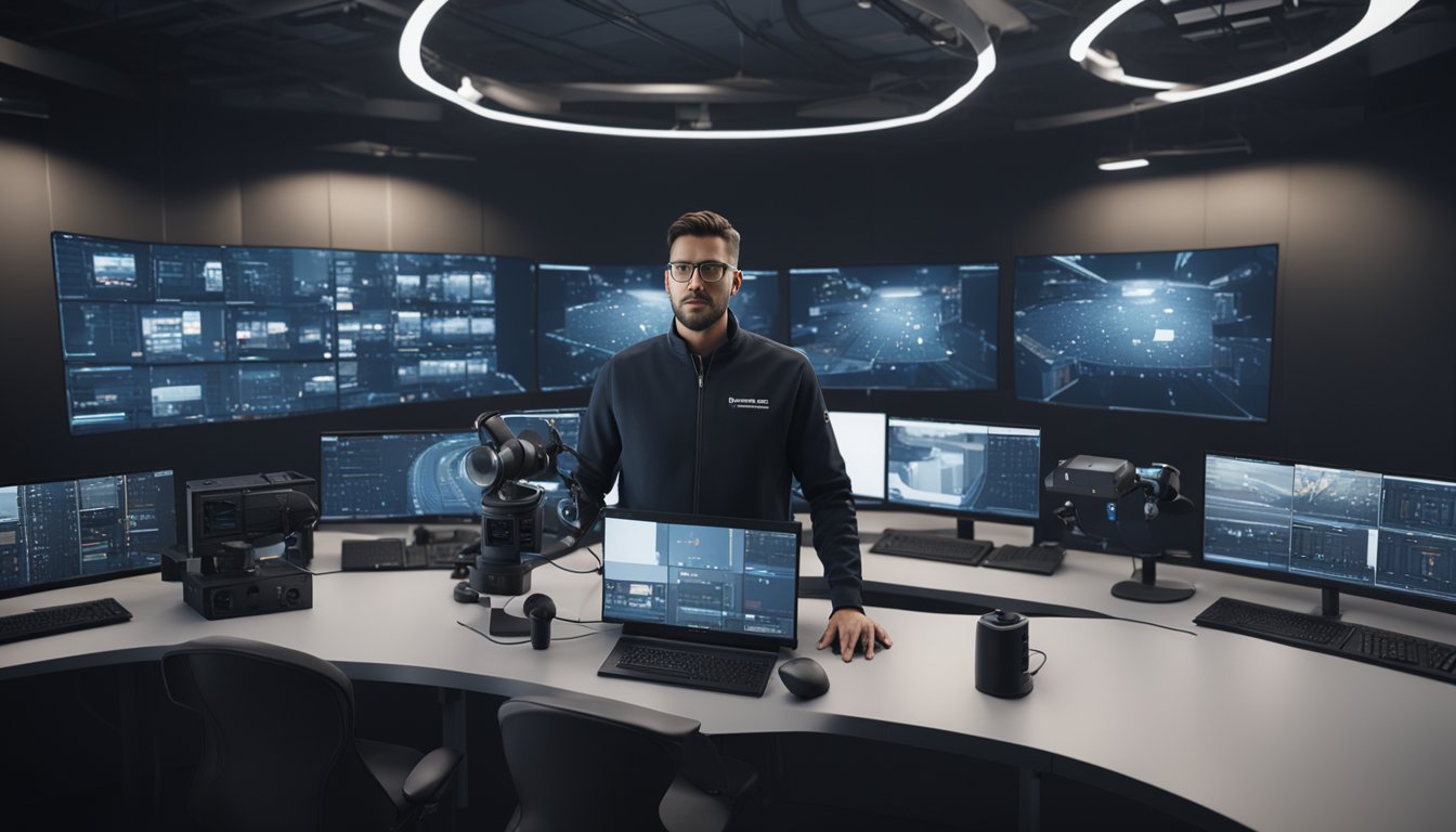 A technician installs a video security system with multiple cameras and a central monitoring station
