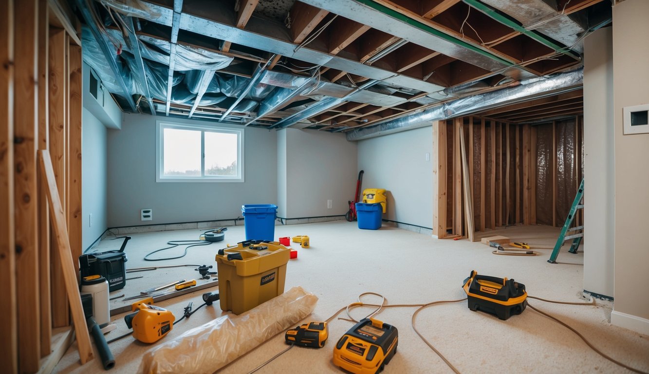 A basement being renovated and insulated with tools and materials scattered around