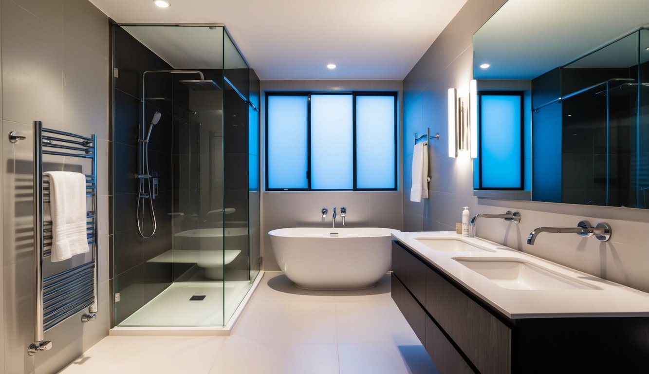 A sleek, modern bathroom with new fixtures and clean lines, featuring a spacious shower, a stylish vanity, and contemporary lighting
