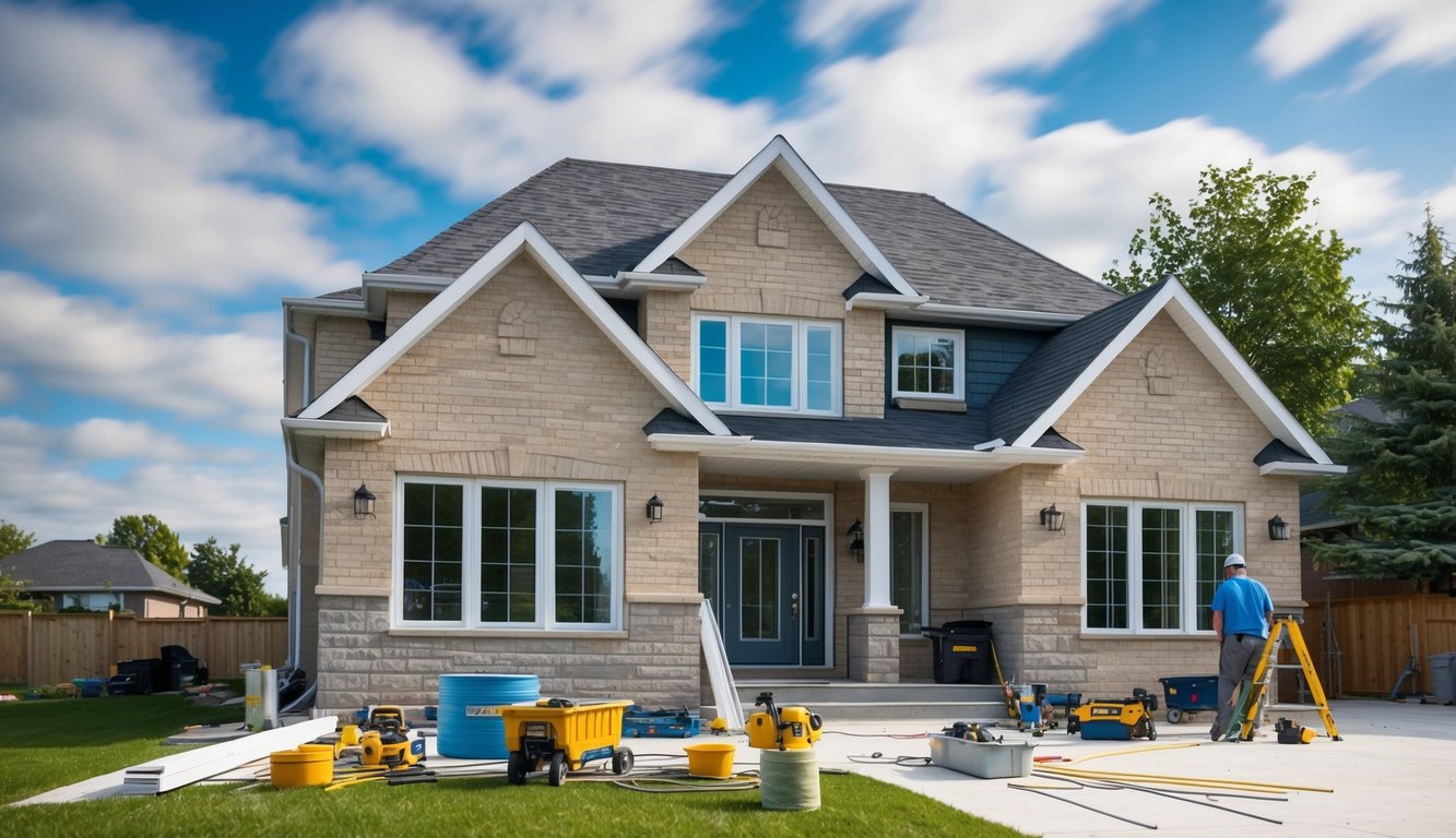 A house in Paris, Ontario with new energy-efficient windows being installed, surrounded by tools and materials for home improvement projects