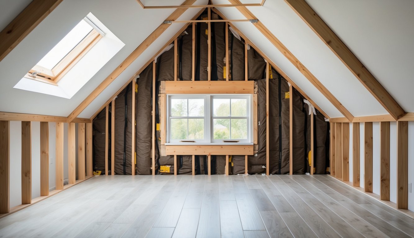 An attic being transformed into a cozy living space with new flooring, windows, and insulation. A skylight brings in natural light, while a staircase provides easy access