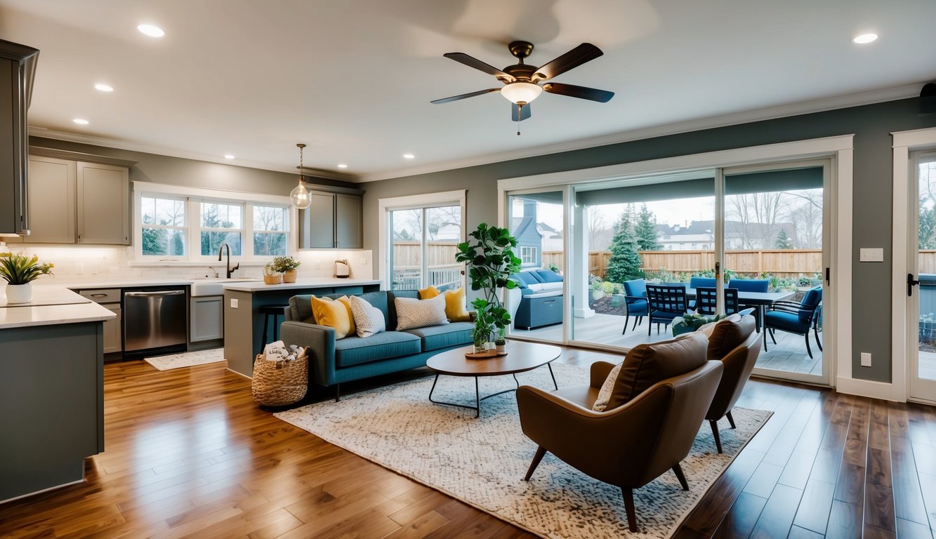 A cozy living room with freshly painted walls, new hardwood floors, and modern furniture. A renovated kitchen with sleek countertops and updated appliances. An inviting outdoor patio with a new deck and landscaping