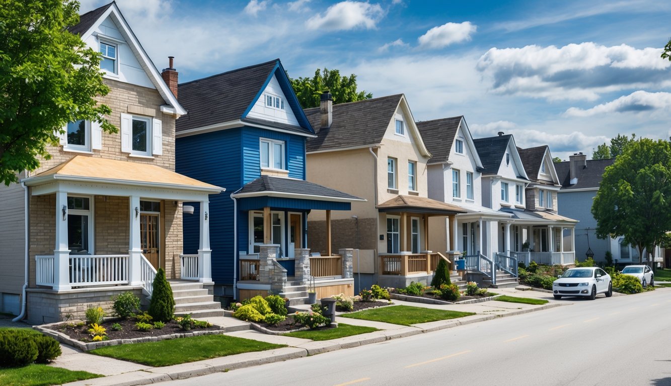 A quaint residential street in Paris, Ontario, with six different homes undergoing various improvement projects, such as landscaping, exterior painting, and window replacements
