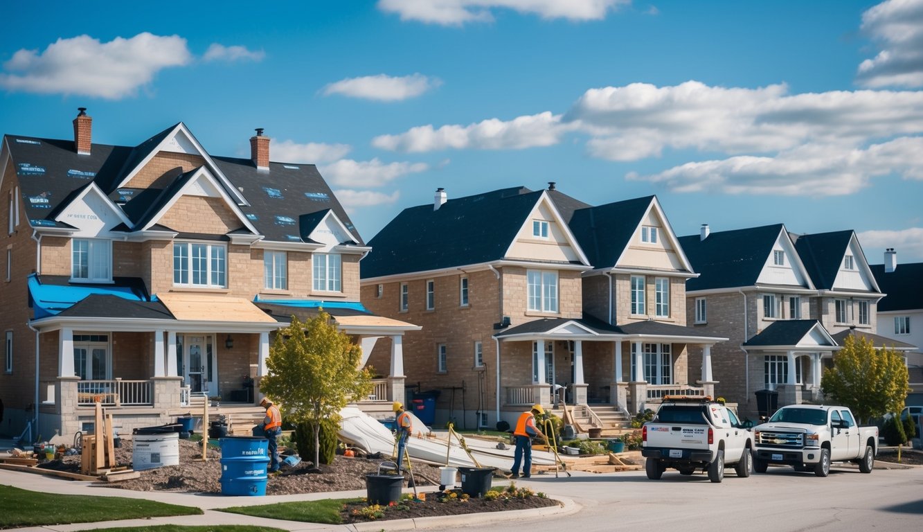 A picturesque neighborhood in Paris, Ontario, with charming homes undergoing various home improvement projects. The scene includes contractors working on upgrades such as roofing, landscaping, and exterior renovations