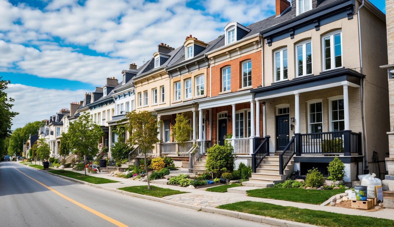 A quaint street in Paris, Ontario with charming houses undergoing various home improvement projects like painting, landscaping, and renovations