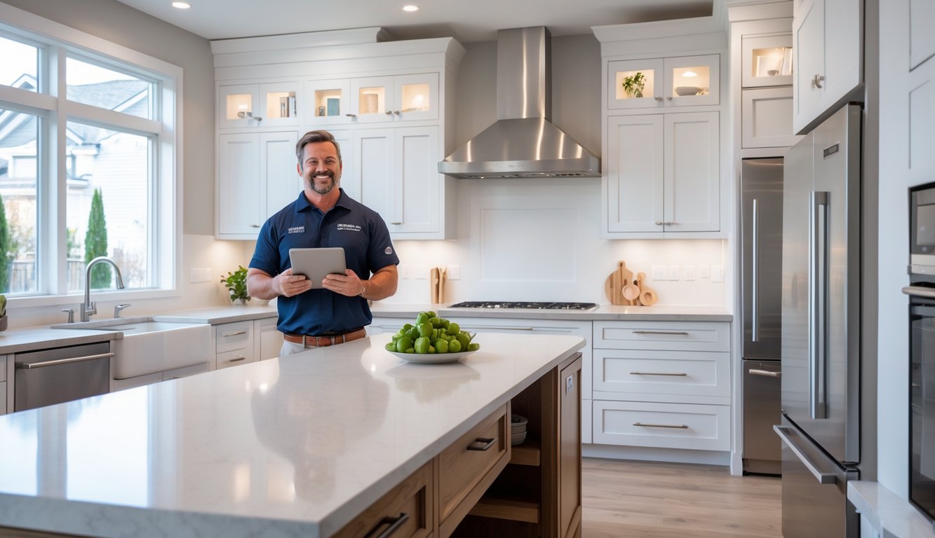 A modern kitchen with high-quality countertops, cabinetry, and appliances, with a contractor inspecting the space.