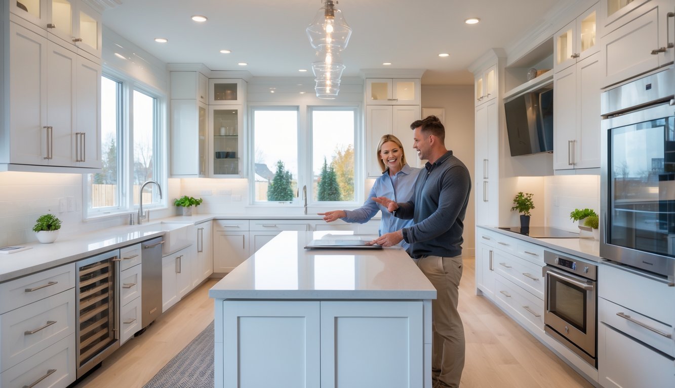 A modern kitchen with sleek cabinets, a large island, and two people discussing renovation plans.