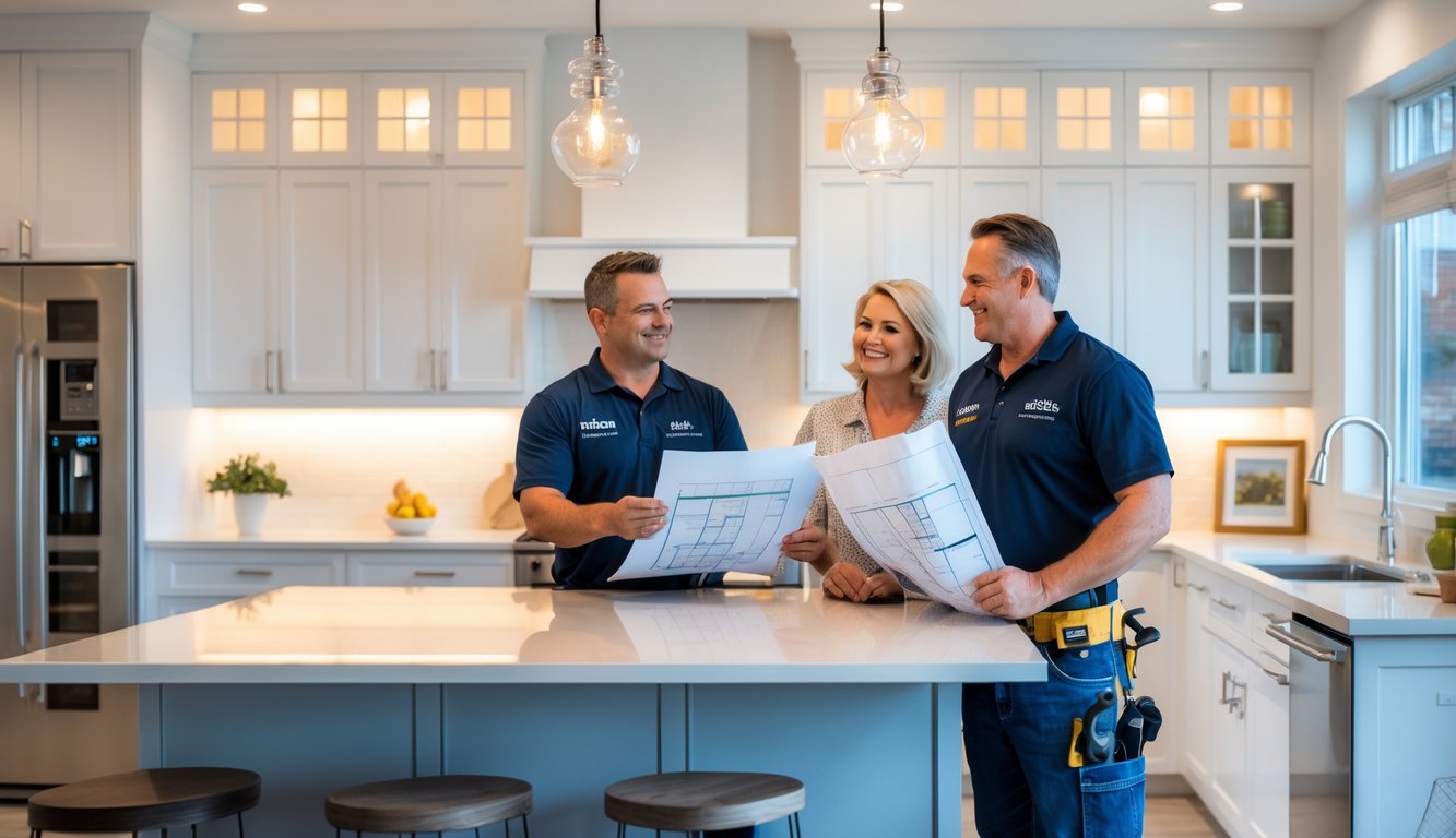 A contractor and a couple discussing kitchen renovation plans in a bright, modern kitchen with new appliances and cabinetry.