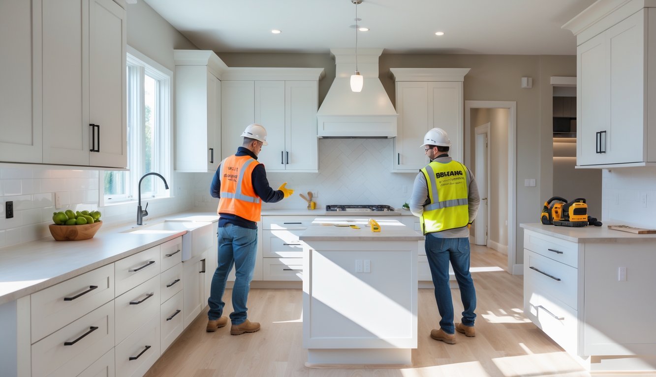 A construction professional consulting with a homeowner in a bright, modern kitchen undergoing renovation with workers installing fixtures.