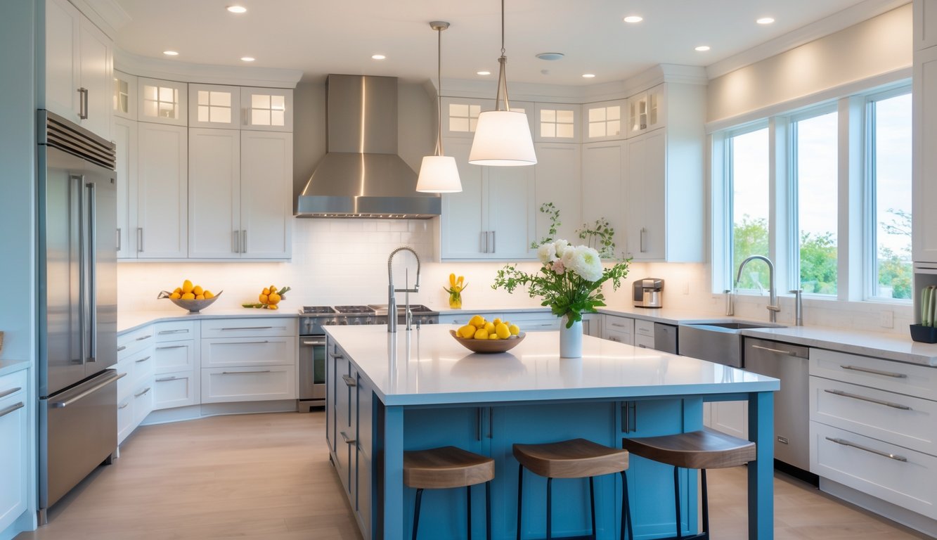 A spacious, modern kitchen with sleek cabinets, stainless steel appliances, a large island, and natural light coming through windows.
