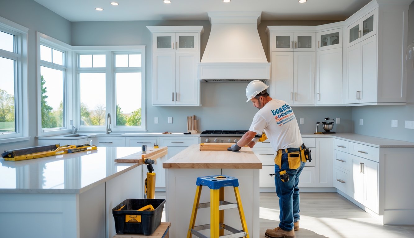 A construction worker installing new cabinetry in a bright, modern kitchen during a renovation.