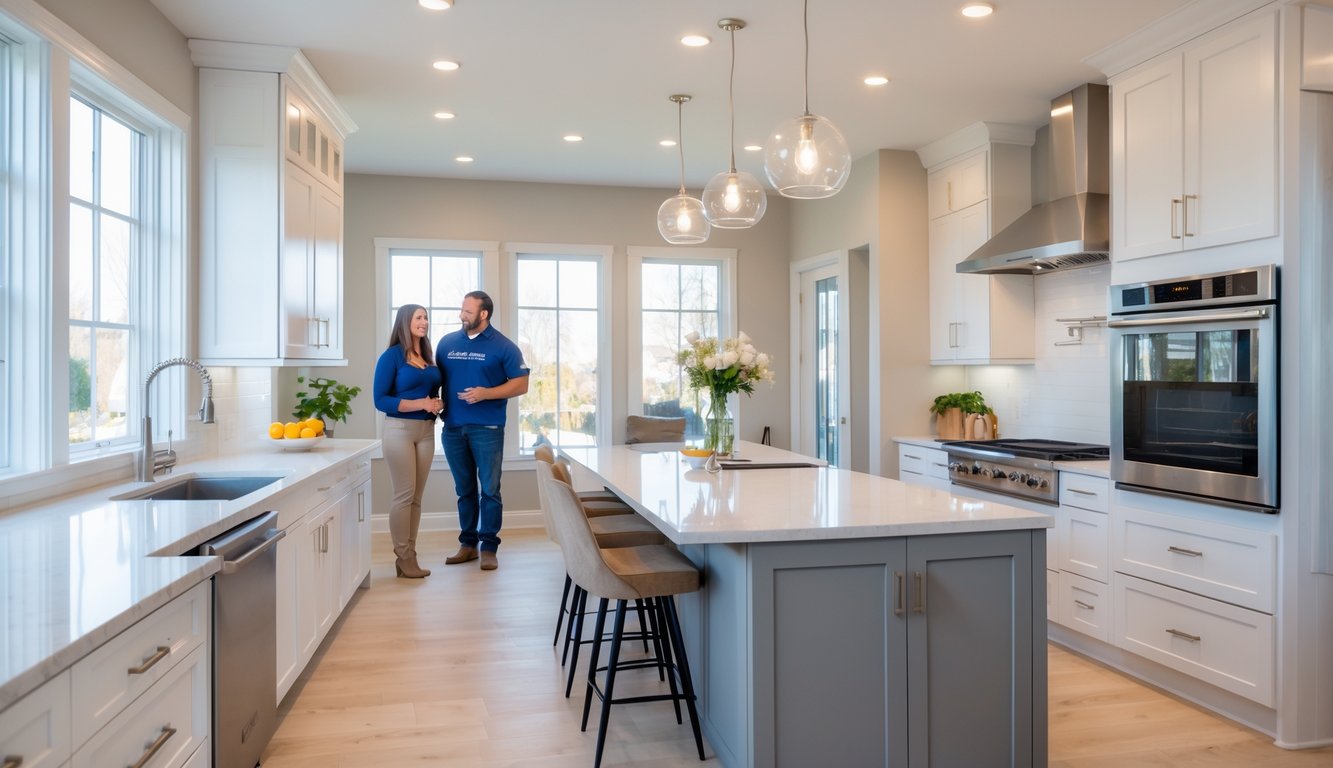 A modern kitchen with new cabinets, countertops, and appliances, with a contractor talking to a couple inside a bright home.
