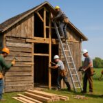 Workers repairing a wooden barn in a rural area with green fields and trees in the background.