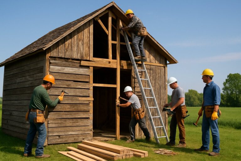 Workers repairing a wooden barn in a rural area with green fields and trees in the background.