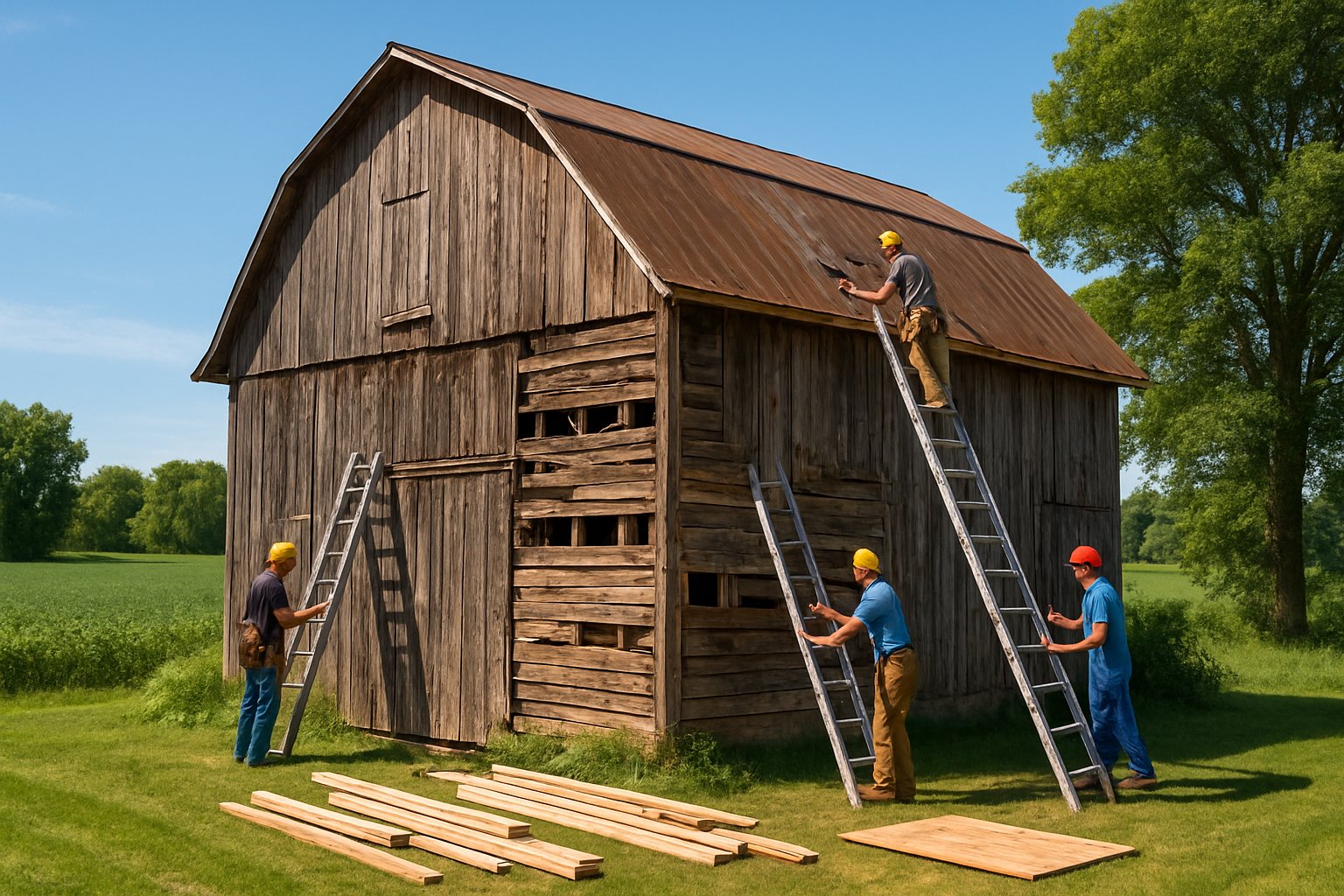 Workers repairing a wooden barn in a green rural area with trees and clear sky.