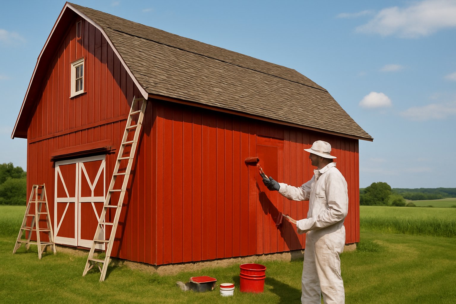 A worker painting a red barn in a rural area with green fields and blue sky in the background.