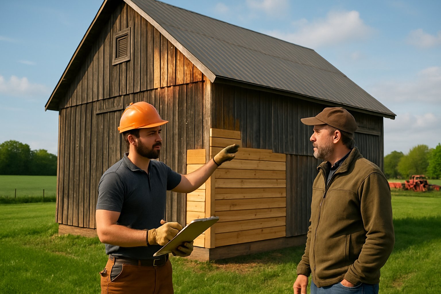 A worker inspecting a wooden barn outdoors while discussing repairs with a client in a rural farm setting.