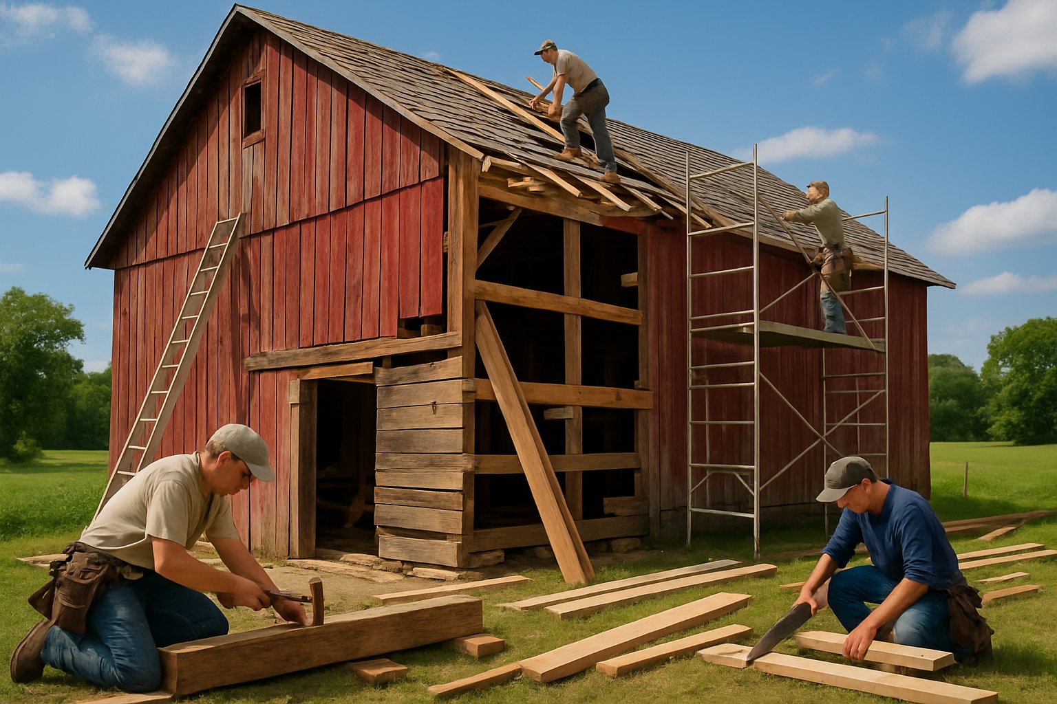 Workers repairing a red wooden barn in a green countryside setting with tools and construction materials around.