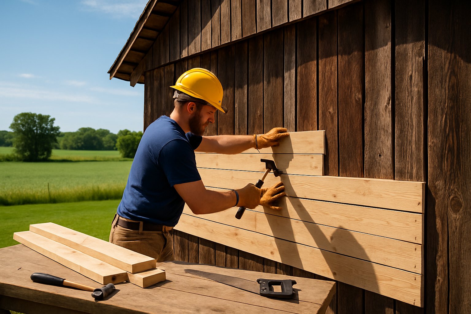 A worker repairing the wooden exterior of a barn in a rural countryside setting with green fields and clear sky.
