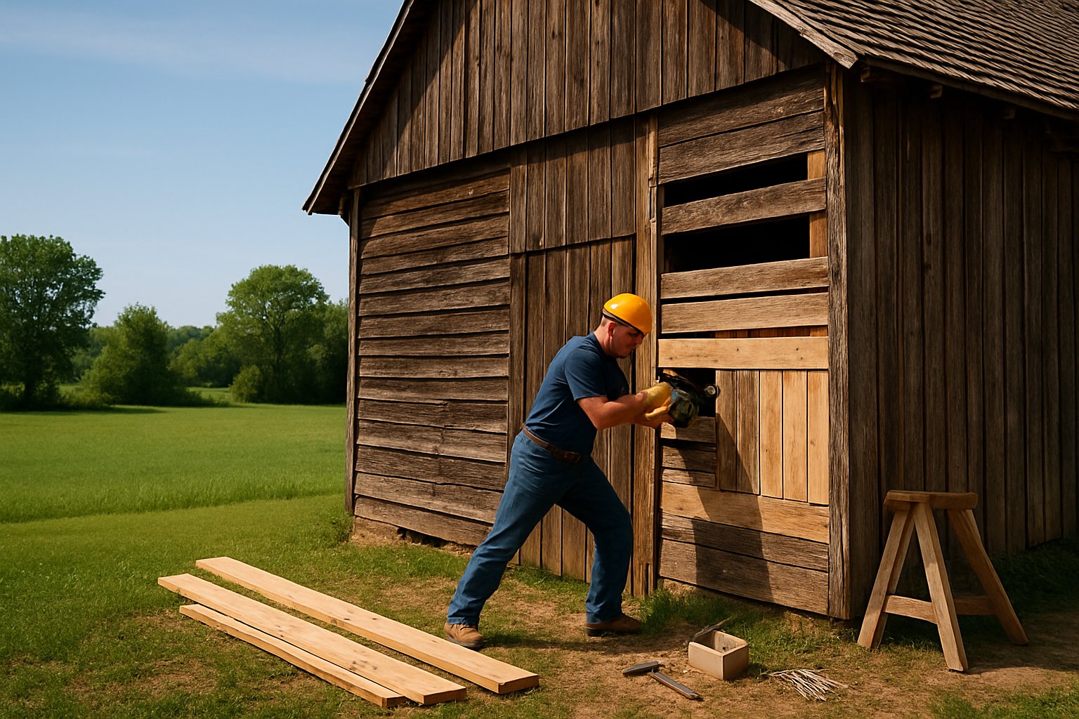 A worker repairing a wooden barn in a green rural area with trees and blue sky.