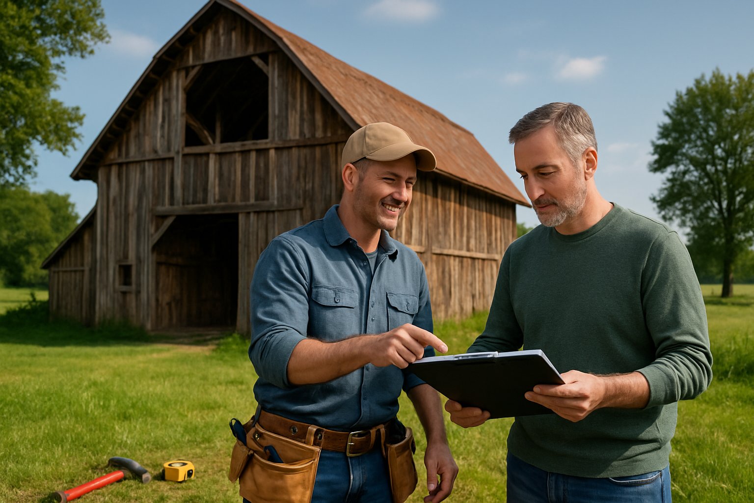 A contractor and homeowner discussing barn repairs outside a rustic barn in a rural area with tools nearby.