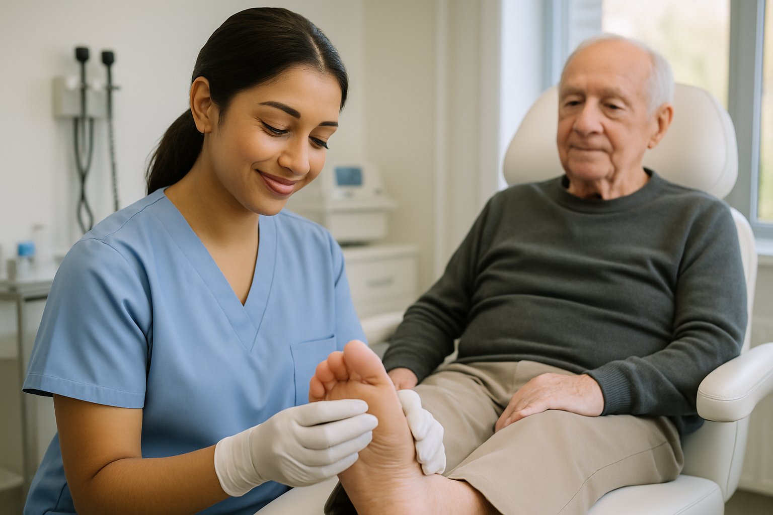 A nurse providing foot care to an elderly patient in a clinical setting.