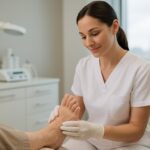 Close-up of nursing foot care procedure in progress
