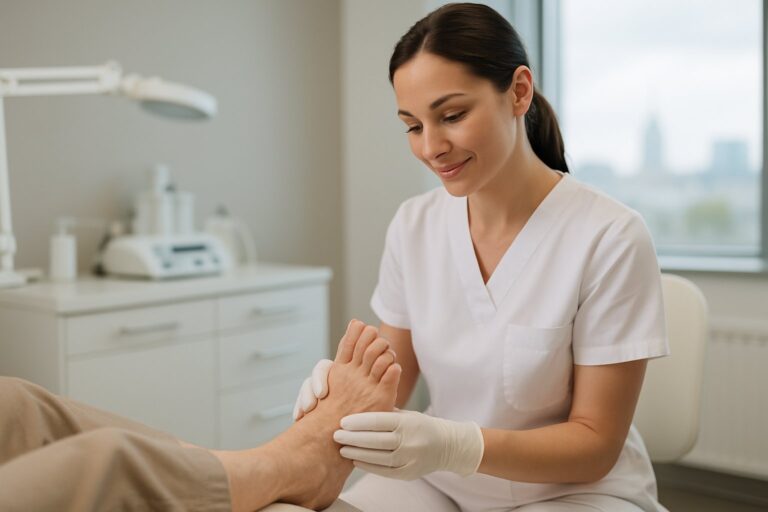 Close-up of nursing foot care procedure in progress