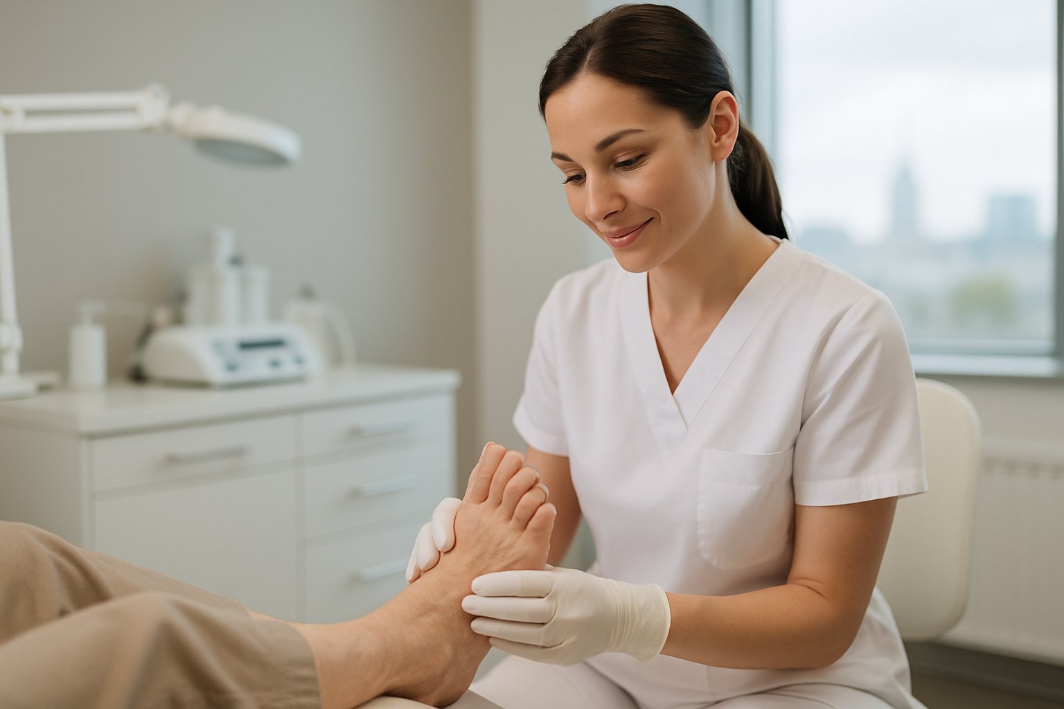 Close-up of nursing foot care procedure in progress